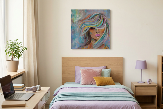 Breathe painting in a coordinated teenage girl’s bedroom