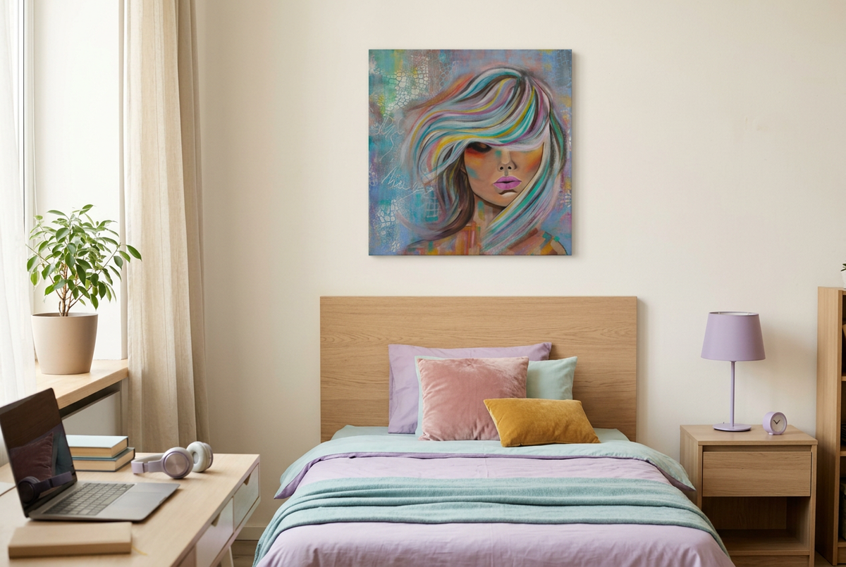 Breathe painting in a coordinated teenage girl’s bedroom