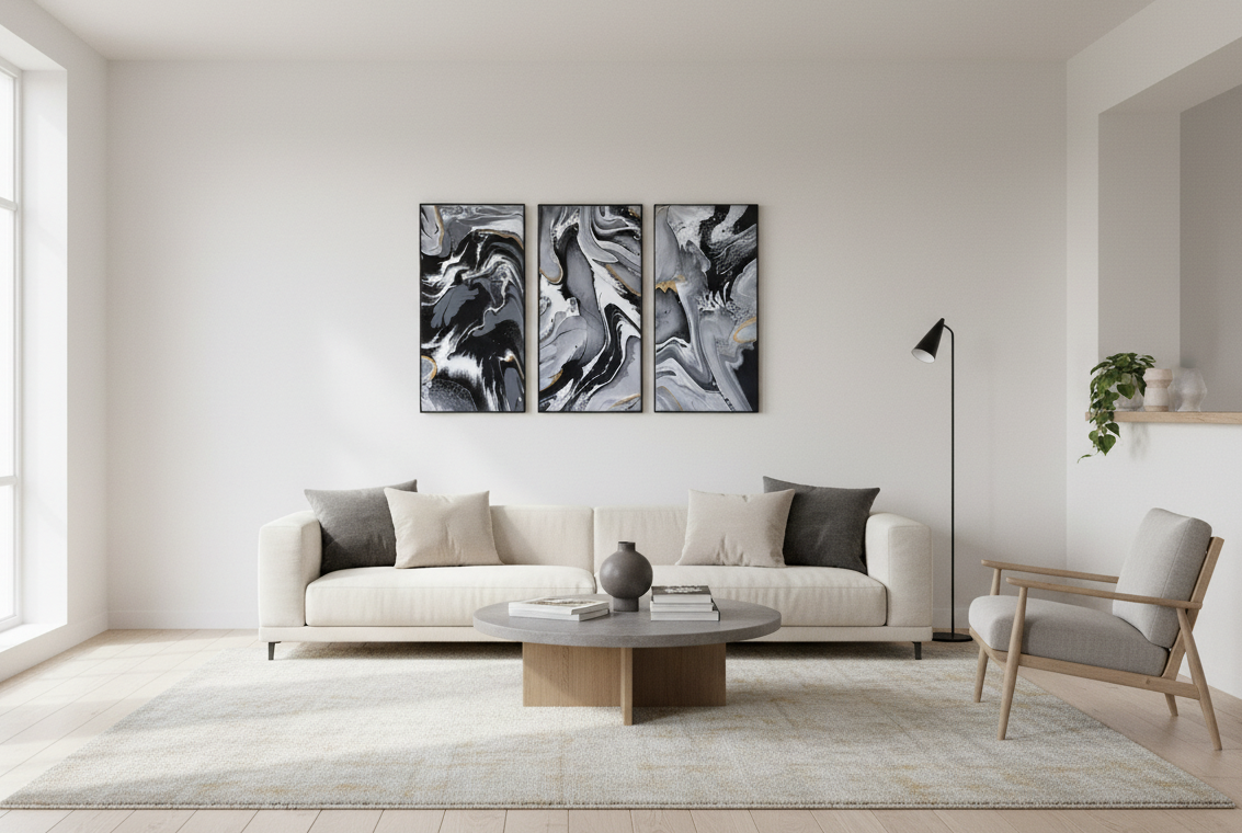 Convergence Triptych in Minimalist Room
