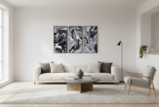 Convergence Triptych in Minimalist Room